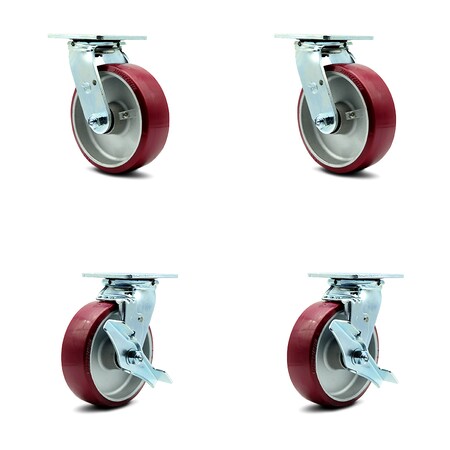 Service Caster 6 Inch Poly on Aluminum Swivel Caster Set with Roller Bearings 2 Brakes SCC SCC-30CS620-PAR-2-TLB-2